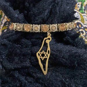 map of Israel bracelet w. orange topaz rhinestones + gold on elastic